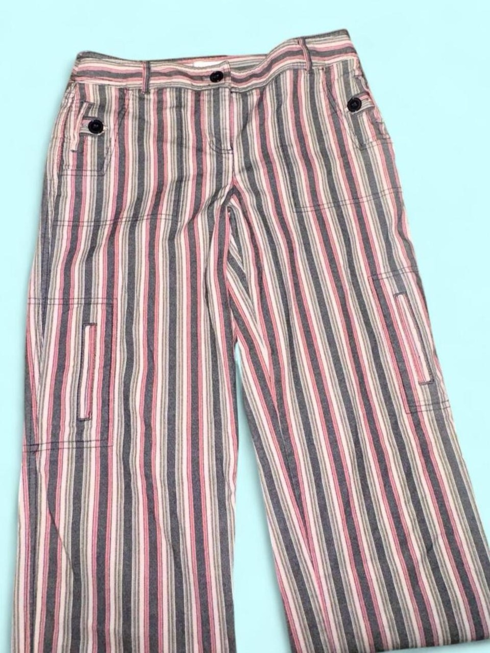 LOFT Striped Cropped Cargo Pants in Grey, Pink, and White